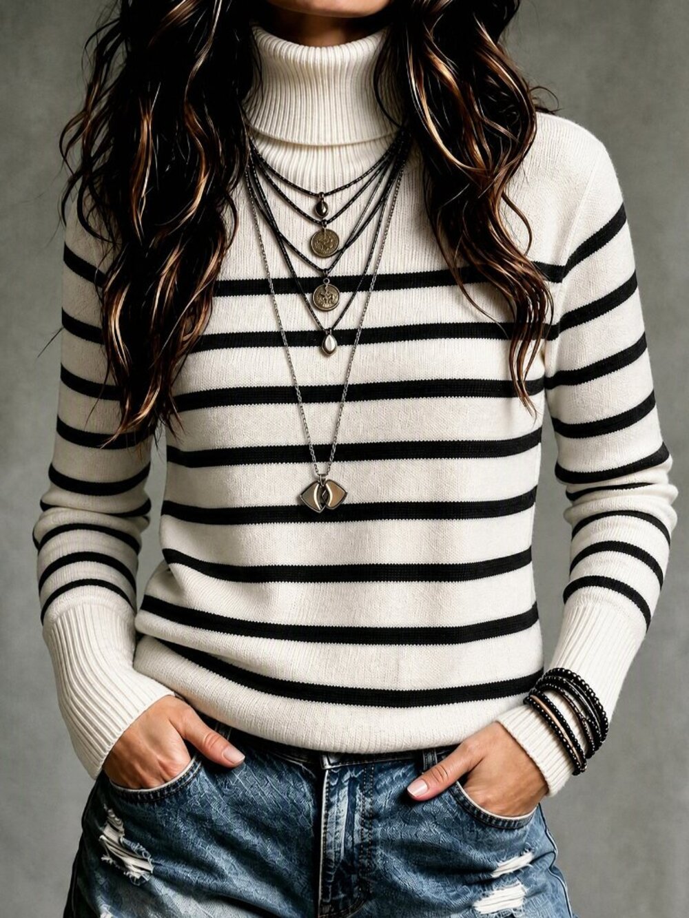 Multicolor Casual Women's Striped Fleece-Lined Turtleneck Pullover Sweater